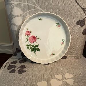 Vintage Christine Holm ceramic fluted quiche pie dish. Pink rose pattern